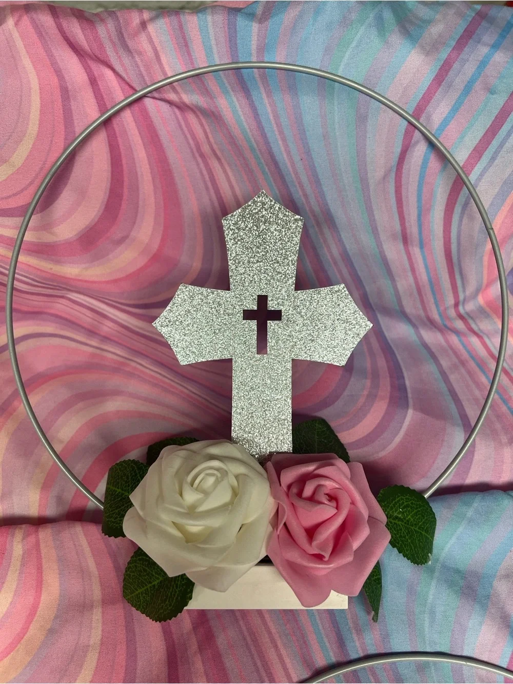 Glitter Cross Hoop Decor with White & Pink Roses
